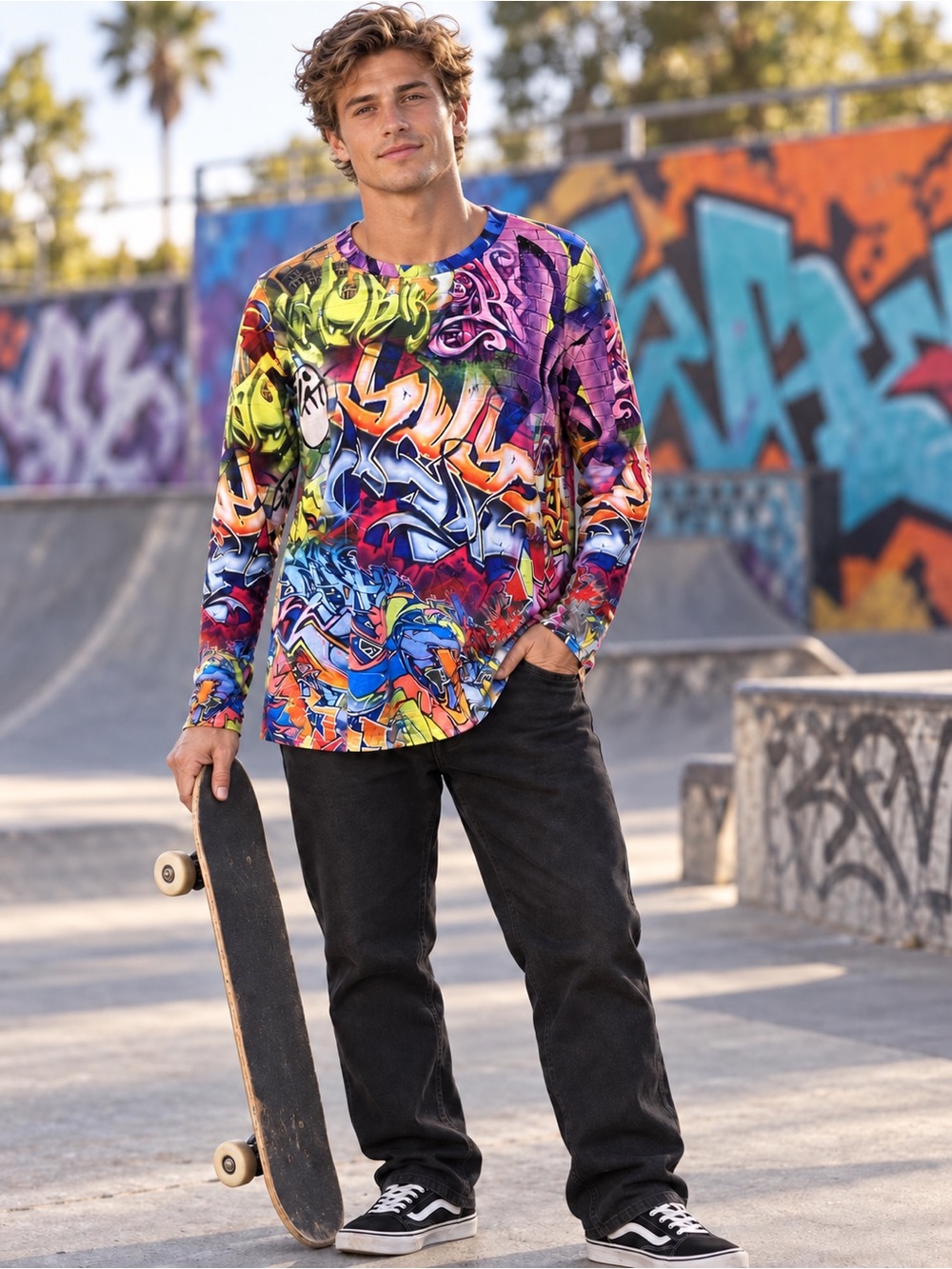 Graffiti Street Art Print Long Sleeve Tunic Top Size Large Colourful Skater